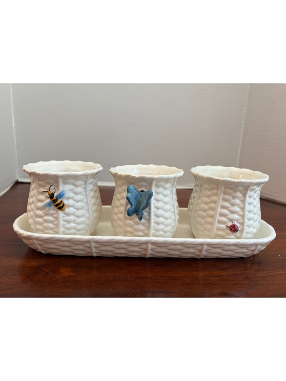 World Market White Ceramic Basketweave Triple Containers with Insect Accents and